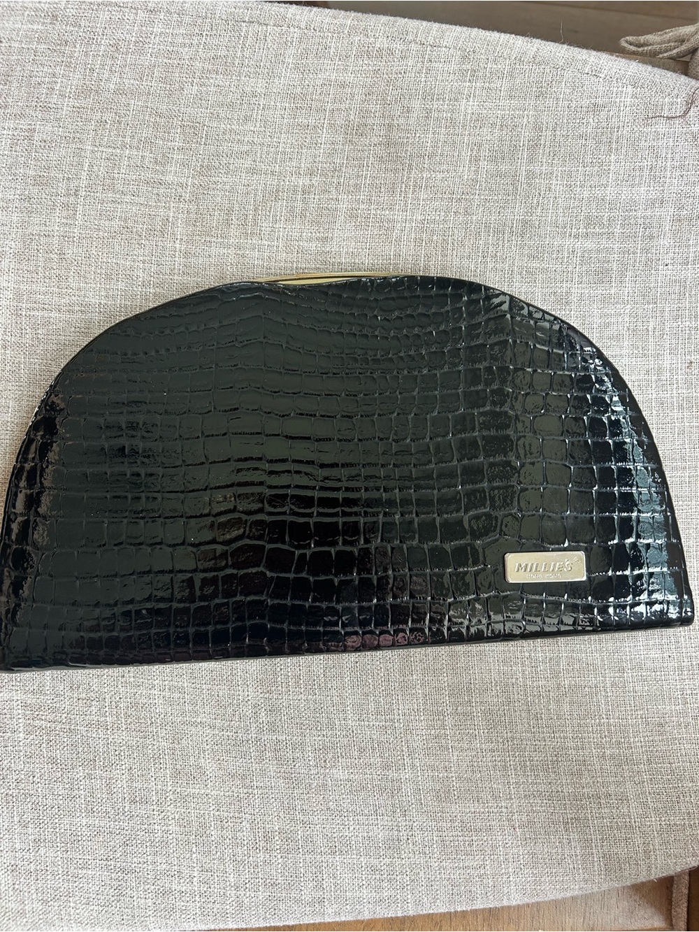 Milles Black Croc-Embossed Patent Clutch